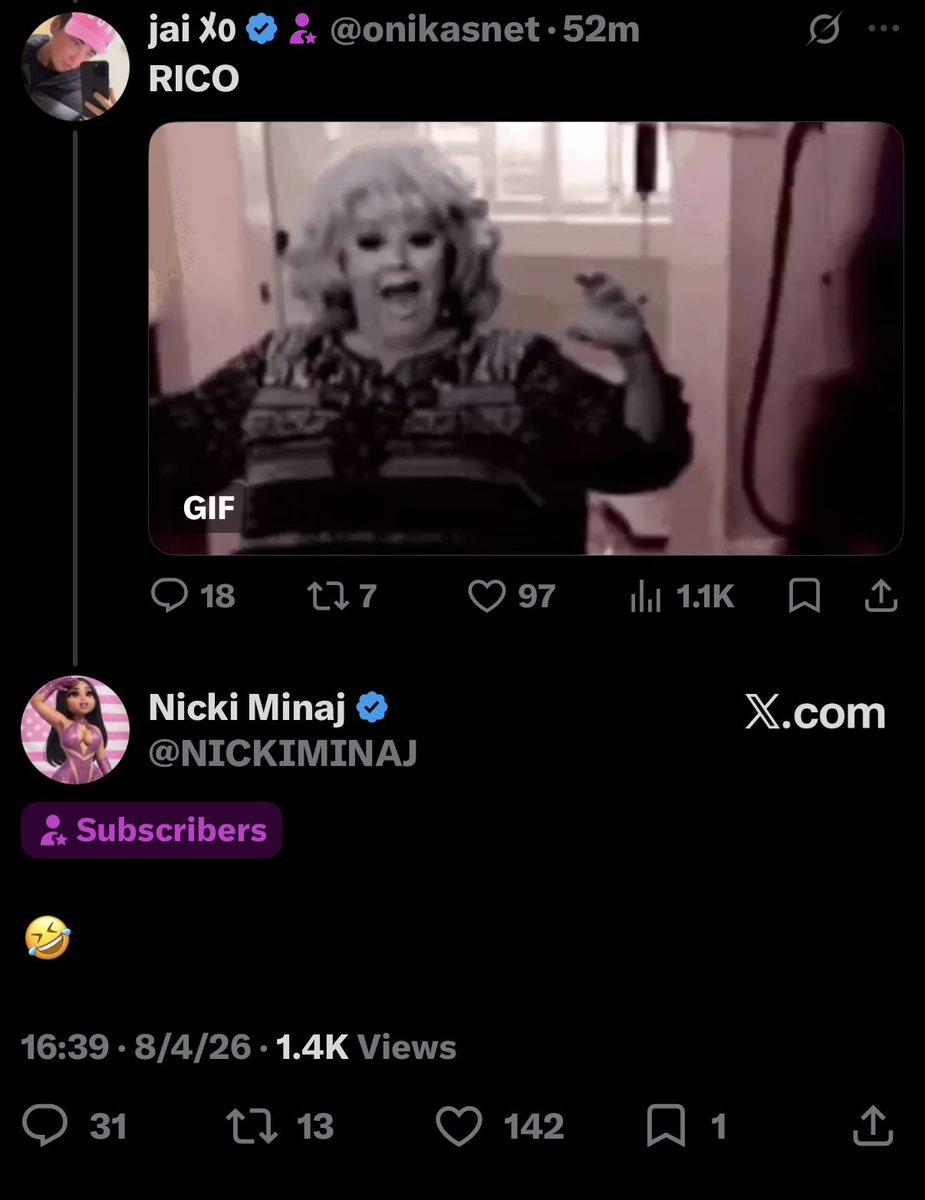 NickiSubUpdates's tweet photo. Nicki Minaj allegedly laughs at the comment “RICO” https://t.co/ldHoFZX1eB