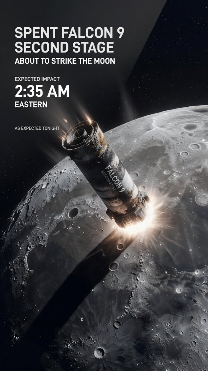 JoshAnkner's tweet photo. *Tonight/early tomorrow morning!*
An abandoned segment of a SpaceX Falcon 9 rocket is expected to impact the lunar surface at approximately 2:35 a.m. EDT on August 5. The object, a truck-sized spent upper stage.  The projected impact velocity is 5,436 mph.  #SpaceX  #Falcon9 https://t.co/w5EnB1c78E
