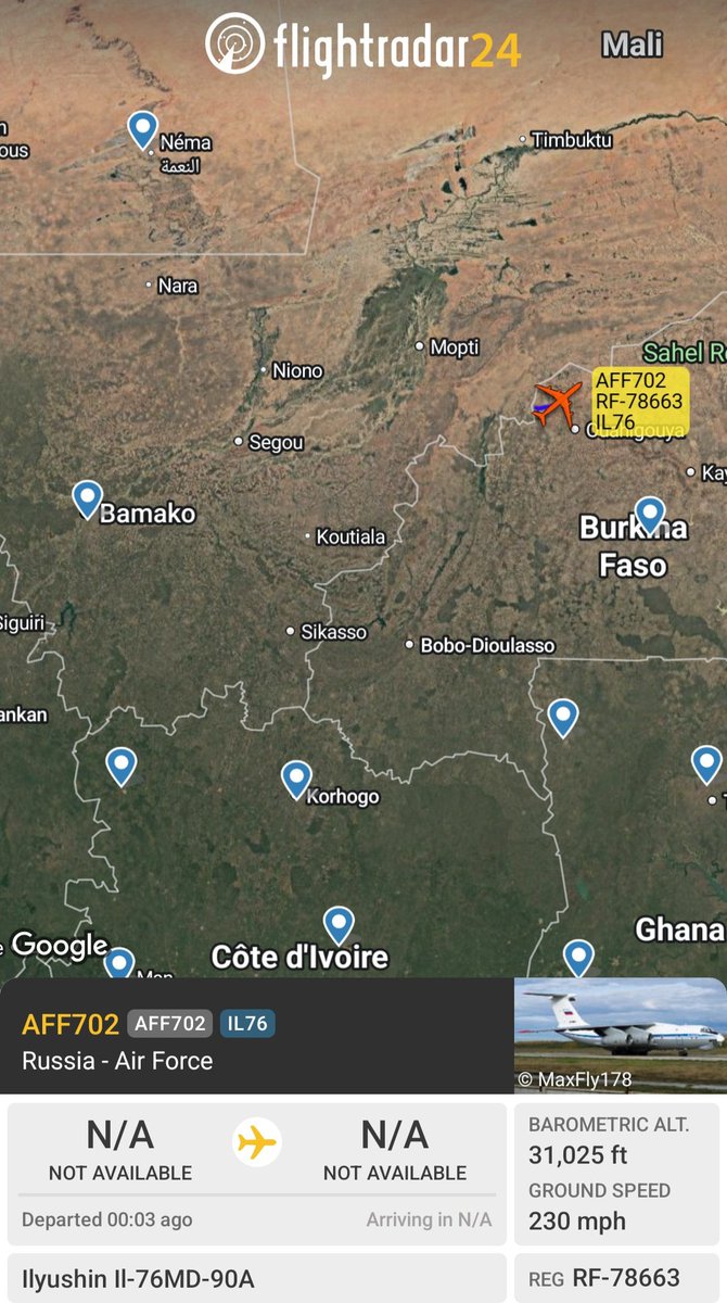 Borrowed7Time's tweet photo. @sipjack1776 @thereccelizard @holgidaun @RBbethetruth @LadyAstroJet RuAF RF-78663 as AFF702 currently tracking E over Burkina Faso. Unknown departure location, possibly Bamako.
@sipjack1776 @thereccelizard @holgidaun @RBbethetruth @LadyAstroJet https://t.co/TEfmGX1ccs