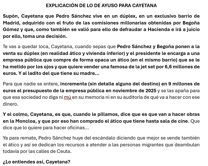 carlossmato's tweet photo. Ha explicado genial @ErnestoEkaizer en @MalasLenguas_Tv la trama de Ayuso (gracias por la mención)
Añado una explicación para Cayetana que seguro le facilita la comprensión.
Basta con que se imagine que son Pedro Sánchez y Begoña Gómez los del ático.
Así seguro que lo pilla 😉 https://t.co/wmdUFwwYI8