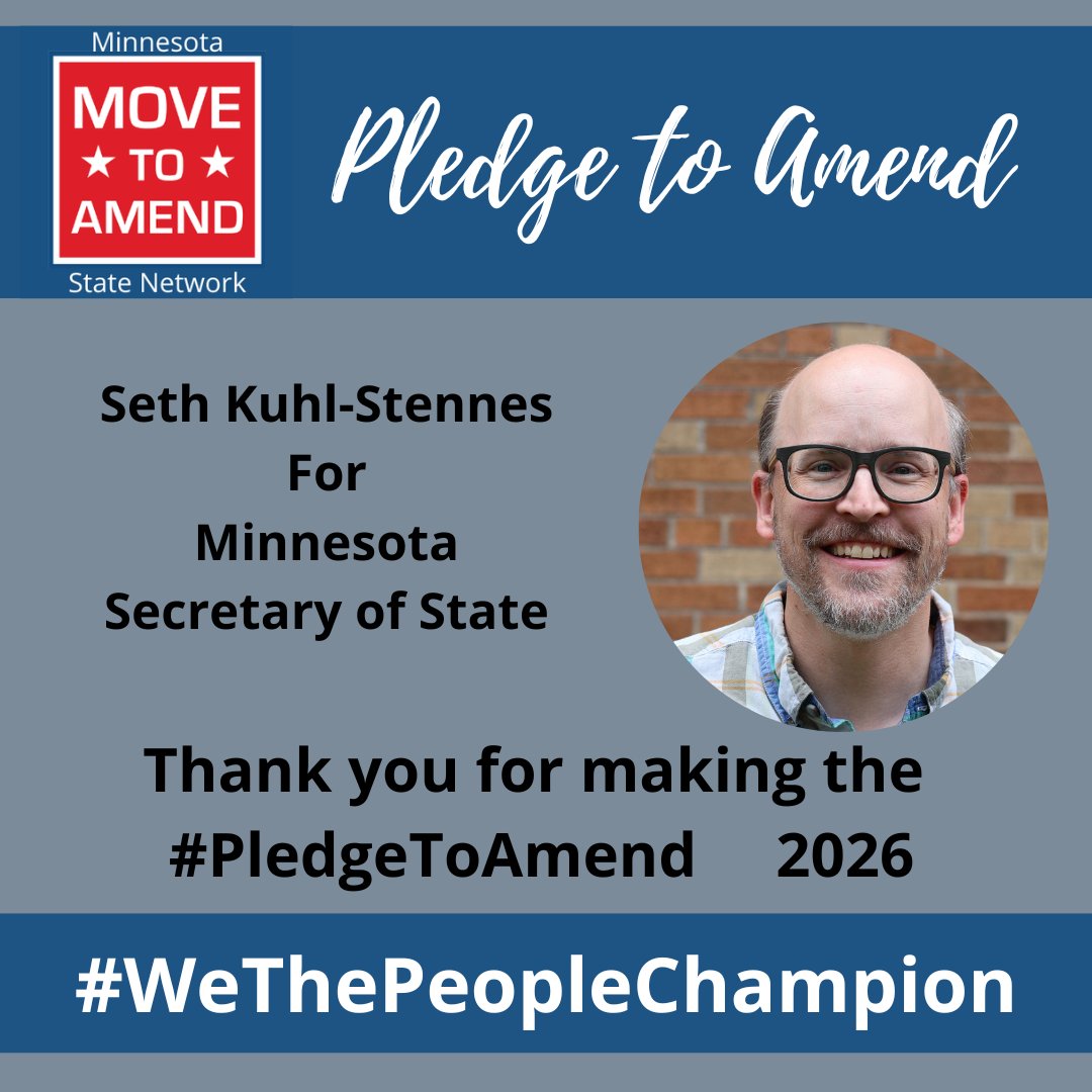 MoveToAmend's tweet photo. Congratulations to Minnesota candidate Seth Kuhl-Stennes for making the commitment to advance the #WeThePeopleAmendment if elected. Thank you for becoming a #WeThePeopleChampion. https://t.co/GlEuTsNcYz