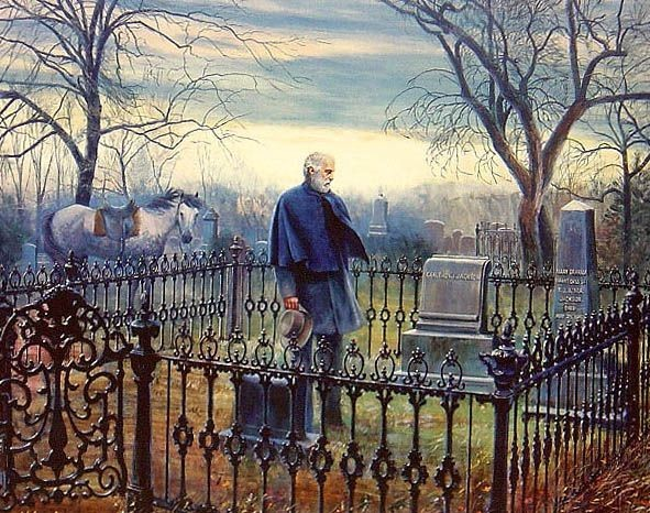 EchoesofWarYT's tweet photo. “The Final Visit” by Mort Kunstler. This painting represents Robert E. Lee in Lexington, VA visiting Jacksons grave. https://t.co/KC5f82bVSh