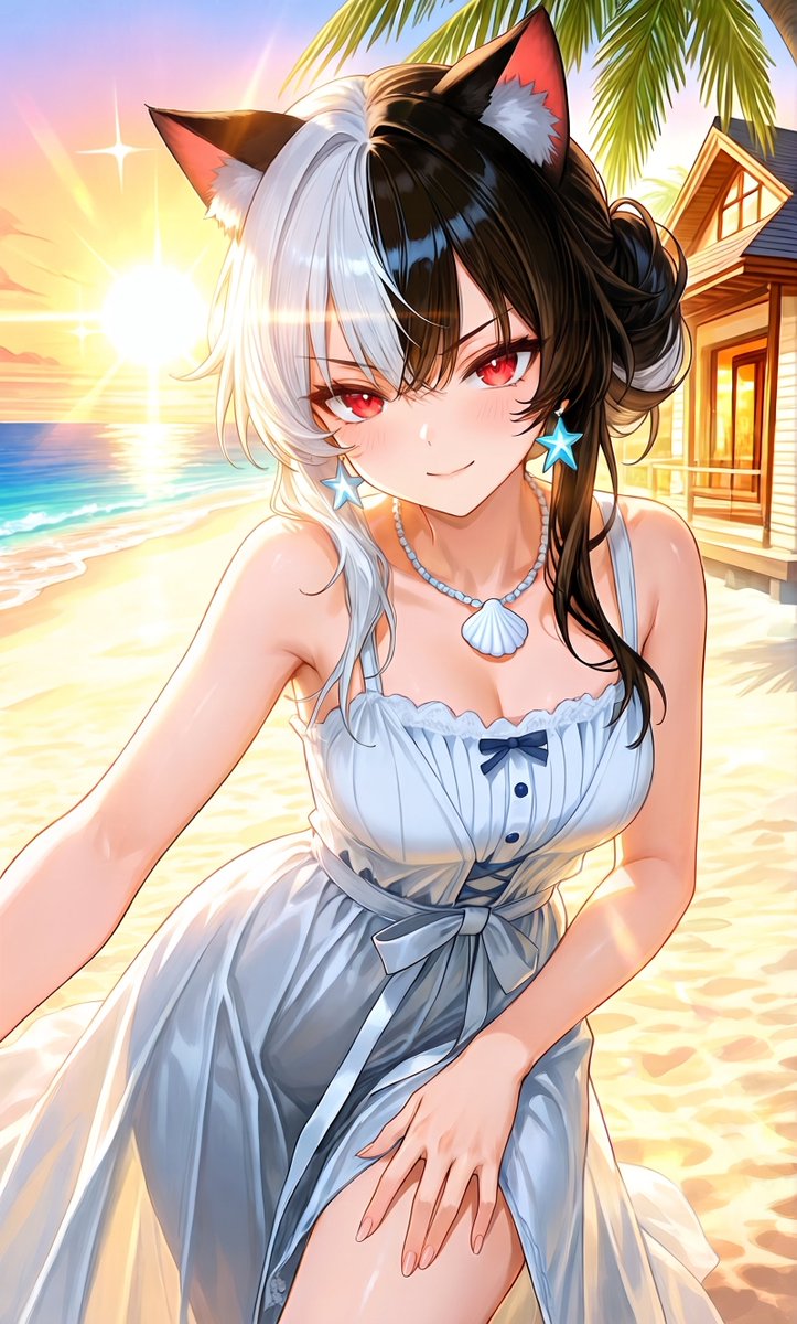 bluetail_bird's tweet photo. おはようございます！
シドナが８月５日の朝をお届けいたします。

今朝は海辺で白ワンピースを着てみました💕
髪も結んでちょっぴり大人っぽい感じに🤭

結局昨日は帰宅してすぐに寝てしまいました😴
きっと旅行疲れもあるので、無理せず健康第一で参りますね🤗

※この作品はPixAI製です✨#PixAI https://t.co/3KGK5QmuEw