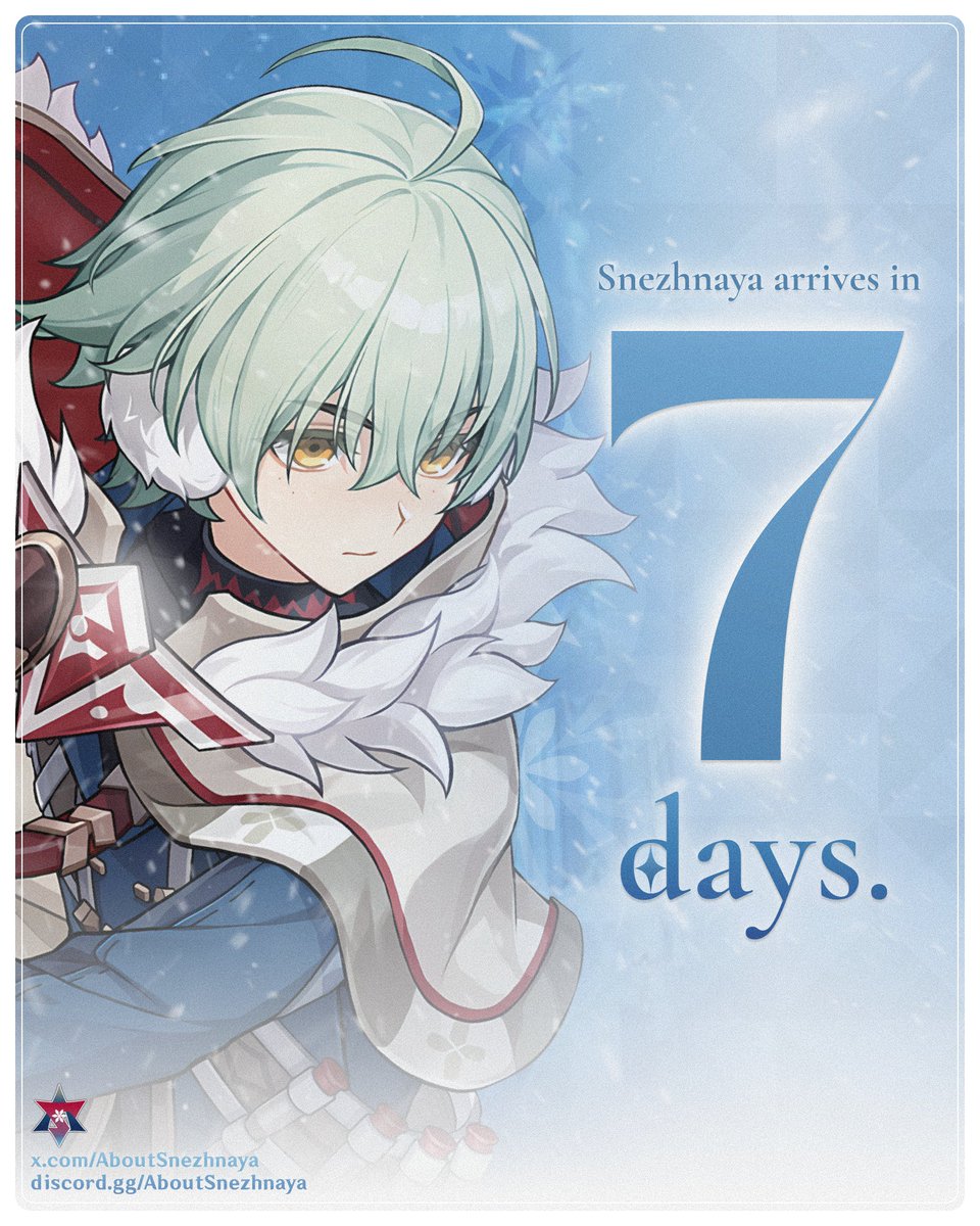 AboutSnezhnaya's tweet photo. 1 WEEK LEFT FOR SNEZHNAYA!

#GenshinImpact https://t.co/5o76zRWD8h