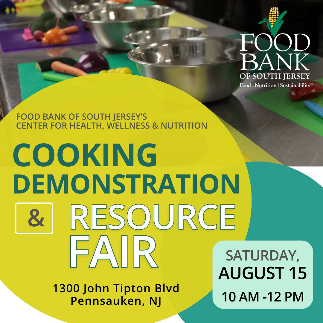 foodbankSJ's tweet photo. Join us SATURDAY, AUGUST 15 for good food and good info! At our Cooking Demonstration and Resource Fair, we'll be whipping up a tasty recipe, connecting folks with helpful health resources, and our staff will be on hand to talk SNAP benefits – we can even help you start your application on the spot. Bring your questions and your appetite!

📍Center for Health, Wellness & Nutrition - 1300 John Tipton Blvd, Pennsauken, NJ
📅 Saturday, August 15, 2026
🕙 10 AM - 12 PM
💲FREE and open to the public!

For further details or questions, visit https://t.co/Uo2Y28FFPx