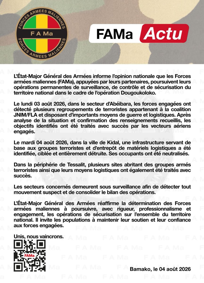 saheliens's tweet photo. #Mali 🇲🇱 : les #FAMa frappent des positions #JNIM/#FLA à #Abéibara, #Kidal et #Tessalit
L’État-Major Général des Armées informe que les Forces armées maliennes (FAMa), appuyées par leurs partenaires, poursuivent les opérations de surveillance et de sécurisation dans le cadre de l’opération #Dougoukoloko.
Le 3 août, plusieurs regroupements de terroristes de la coalition JNIM/FLA disposant d’importants moyens ont été détectés et traités avec succès dans le secteur d’Abéibara.
Le 4 août, une infrastructure servant de base et d’entrepôt logistique a été entièrement détruite à Kidal, et plusieurs sites ont également été neutralisés en périphérie de Tessalit.
#AES #Saheliens