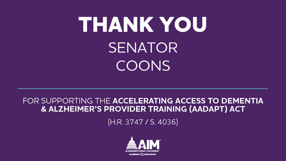 ALZIMPACT's tweet photo. Thank you, @ChrisCoons, for supporting the Alzheimer’s and dementia community by cosponsoring the #AADAPTAct, which will improve dementia training and education for primary care providers. https://t.co/QBOaMRKAd7