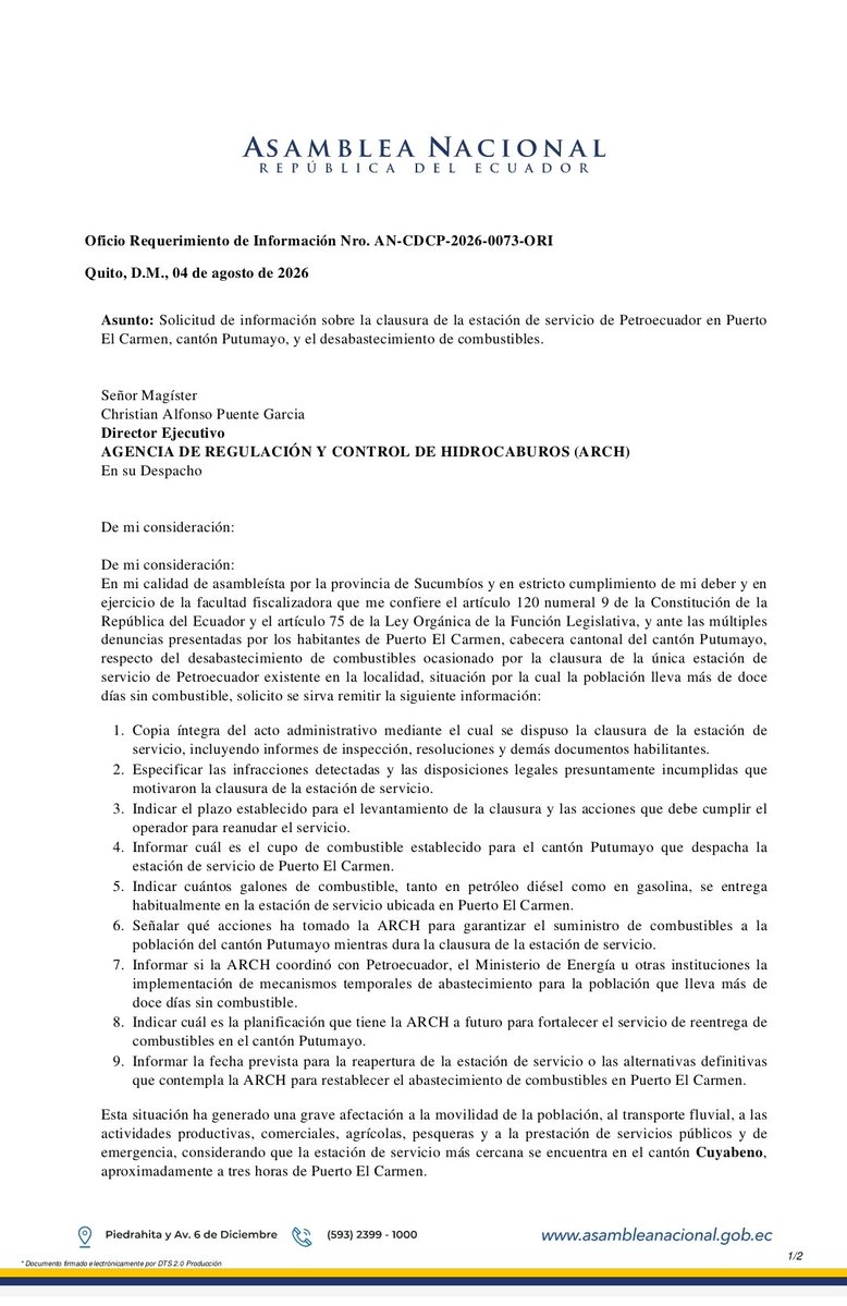 CompsCordova's tweet photo. 🔴 ¡12 días sin combustible en #Putumayo! Una vergüenza causada por la negligencia de @EPPetroecuador, del Gobierno de Noboa. ¡El abandono ya es insoportable!

Primero incumplieron el asfaltado de la vía Puerto El Carmen–Nueva Loja. Luego elevaron el pasaje a Quito a USD 23,36. Ahora cierran la única gasolinera del cantón. ¡Cada decisión golpea al pueblo!

¡Destruyen todo! Paralizan la economía, afectan la movilidad y condenan al abandono a miles de familias fronterizas.

Esa gasolinera fue construida por el gobierno de la @RC5Oficial para servir al pueblo. Hoy la cierran por incapacidad, negligencia e indolencia.
¡Qué sinvergüenzas! Castigan a Putumayo mientras desde Quito gobiernan de espaldas a la realidad.

Fuerza, queridos putumayenses. En los próximos días estaré en la Asamblea Cantonal acompañando su justa lucha.

¡Basta de tanta ineptitud! ¡Putumayo merece respeto, combustible y un Gobierno que responda, no que abandone!

@BancadaRC5 @RC5Oficial @radio_pichincha @GabrielaEsPais
