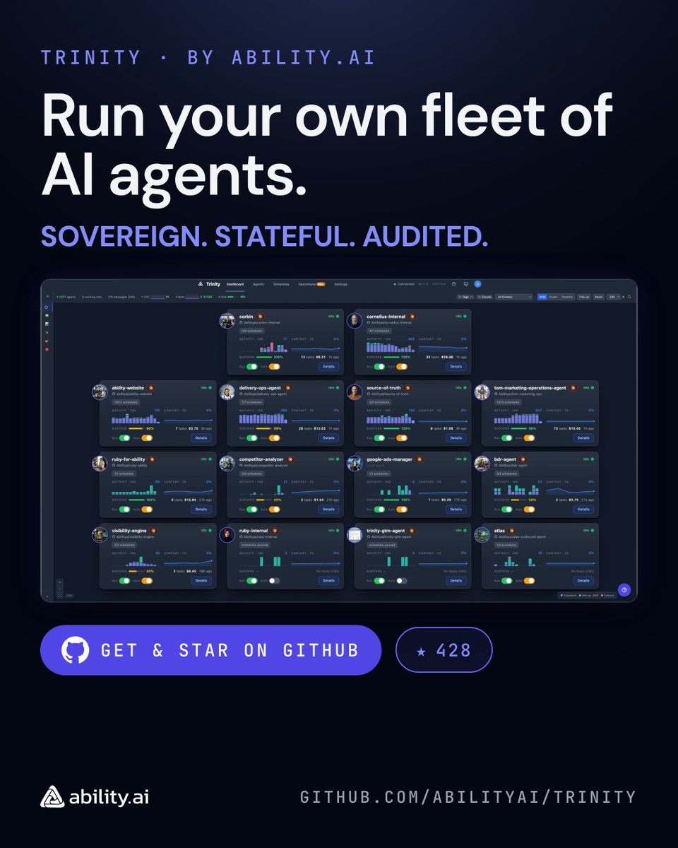 get_trinity's tweet photo. Spin up a whole fleet of AI agents on your own server - stateful, auditable, yours. Trinity is the self-hosted runtime that recovers, schedules, and logs every action. Open source, Apache 2.0.
