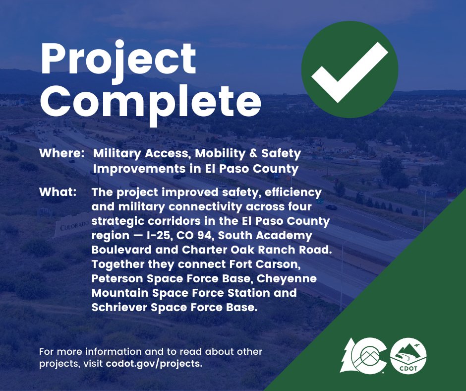 ColoradoDOT's tweet photo. #CDOT #News: Military Access, Mobility & Safety Improvement Project in @epccolorado_. Five-Year, $161 Million Transportation Project Serving Pikes Peak Region Military Installations Reaches Completion.
📰https://t.co/RA7F1mLjP1
#KnowBeforeYouGo #MAMSIP @CityofCOS https://t.co/pnLuc6u0iO