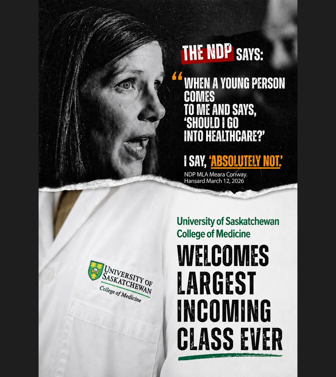 SaskParty's tweet photo. It’s a good thing Saskatchewan people don’t listen to the NDP.

The NDP are telling young people not to go into healthcare. We are doing the opposite by expanding training seats at the College of Medicine.

Training more doctors is part of our plan to make sure you get the right care at the right time in the right place.