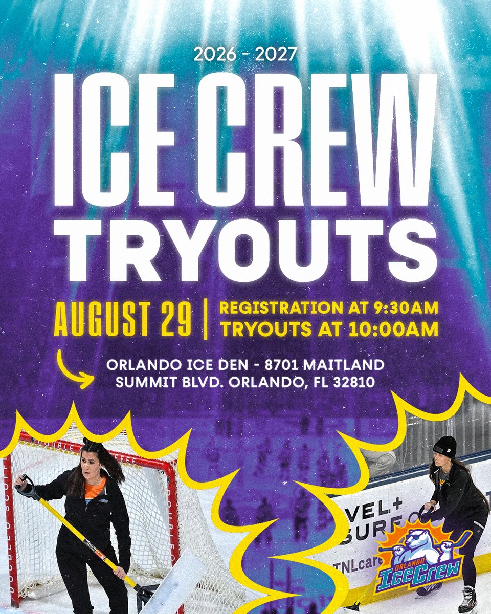 OrlandoHockey's tweet photo. 🧊 Join Our Ice Crew! ❄️

Love being on the ice? Come try out August 29th and see if you have what it takes to be part of our Ice Crew!

⛸️ Must be able to skate.
🏒 Must bring your own hockey skates.

Help keep our ice fresh and be part of the team behind the game! 💙

More info! 🔗 https://t.co/Od6wmFH5ow