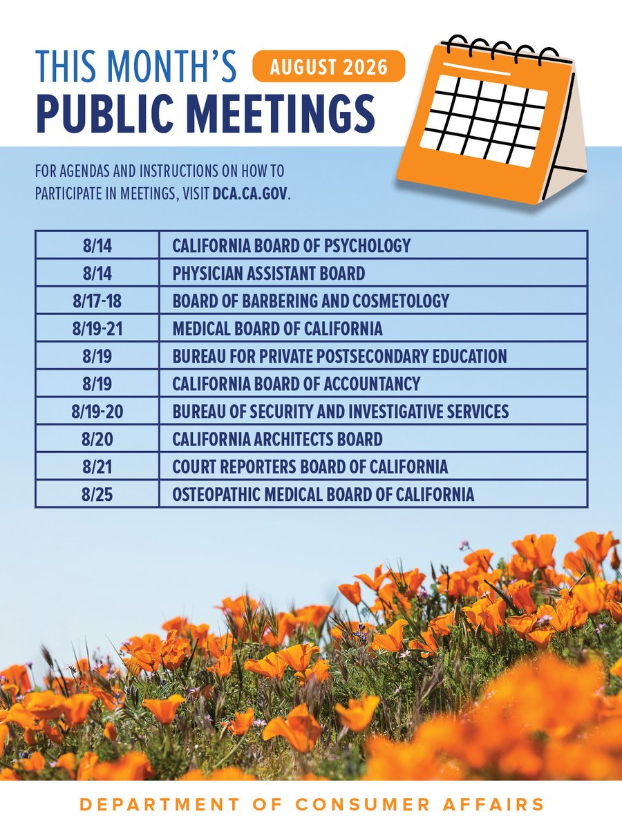 CaliforniaDCA's tweet photo. August is packed with Board meetings and opportunities for you to join and take part. Find meeting dates and info here: https://t.co/NvI85wPxea https://t.co/Z4UWC8t0eR