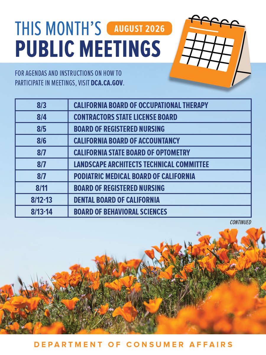 CaliforniaDCA's tweet photo. August is packed with Board meetings and opportunities for you to join and take part. Find meeting dates and info here: https://t.co/NvI85wPxea https://t.co/Z4UWC8t0eR