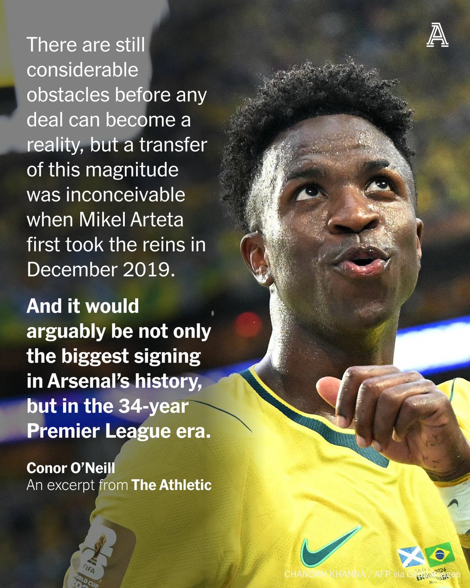 TheAthleticFC's tweet photo. Vinicius Junior would arguably be the biggest signing in Arsenal's history.

It could also be the biggest transfer the Premier League has ever seen — not in terms of raw fees, but what the Brazilian's arrival would represent.

Real Madrid almost never part with a peak-age, high-performing superstar. And it could signal a wider shift in the status quo across Europe.

📝 @Conor0Neill_

🔗 https://t.co/Ddf1hzB8KZ