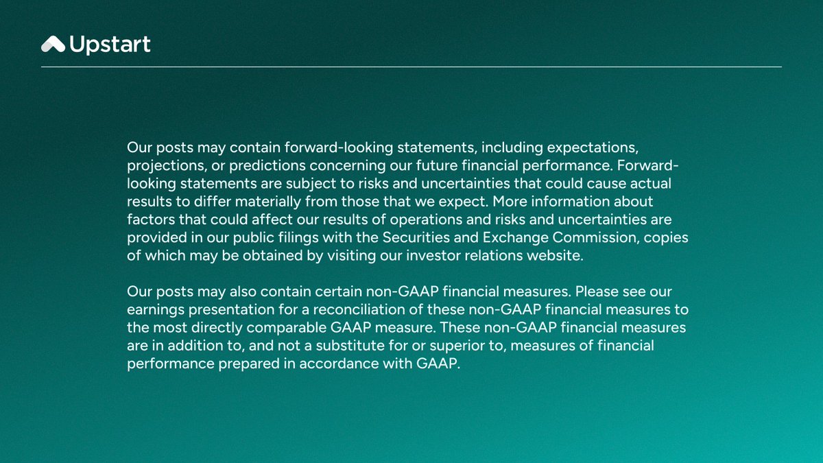 Upstart's tweet photo. Head to our Investor Relations site ▶️ https://t.co/JgzpneNN0L for the Q2 call replay and financial results. https://t.co/nMQunQ7hoI