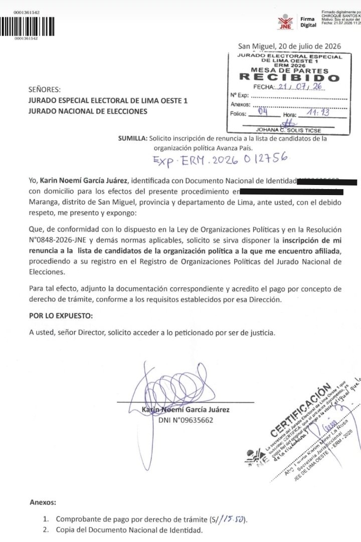 KikesitoVH's tweet photo. En San Miguel también renunció la candidata a la alcaldía por @AvanzaPaisOf Karin García. La lista sigue y si gana la elección el puesto de alcalde lo asume el candidato a primer regidor Eduardo Bless quien es el actual burgomaestre. Sacada de vuelta a la ley @MuniSanMiguelPE https://t.co/321f5BloD7