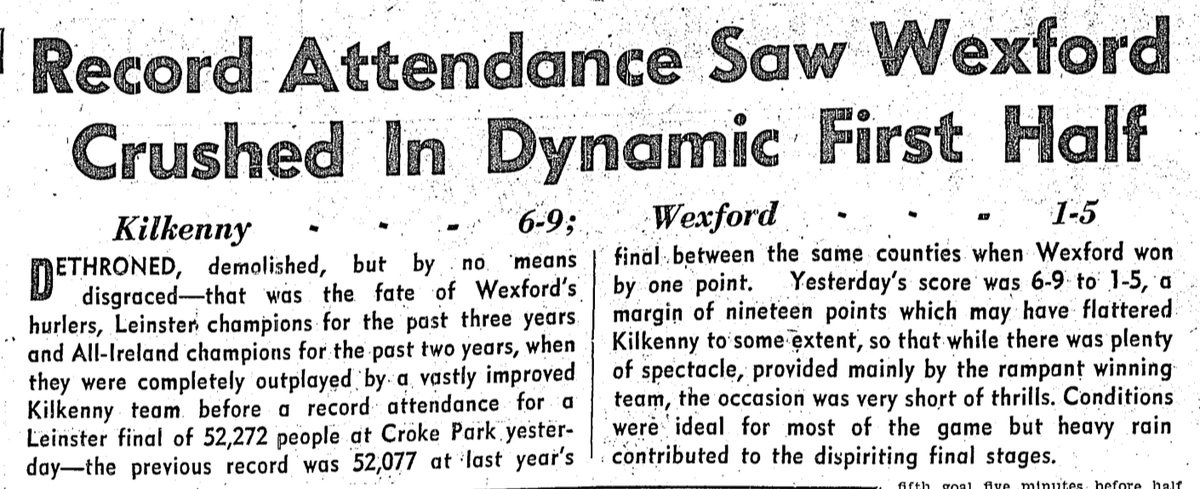 SportsHistory26's tweet photo. On this day in 1957 the 2-time defending All-Ireland champions @OfficialWexGAA were sensationally dethroned by @KilkennyCLG in the @gaaleinster Senior Hurling Championship Final at @CrokePark….#hurling #kilkenny #leinster #ireland https://t.co/RBYqN3ofem