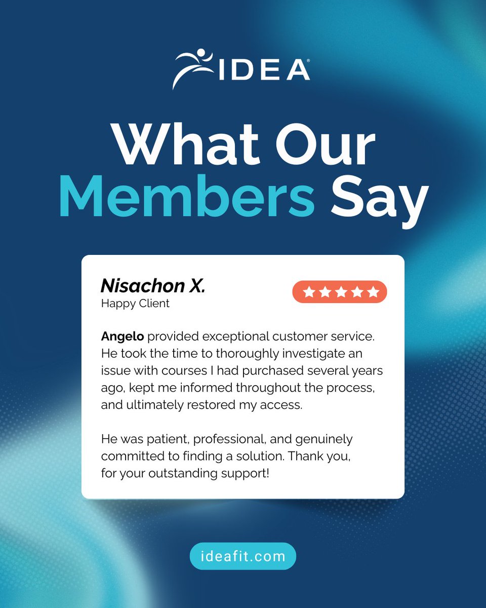 ideafit's tweet photo. We're grateful to Nisachon for sharing this feedback and for being part of the IDEA community. We're also thankful to Angelo for his professionalism, responsiveness, and commitment to supporting our members.
#IDEAfit #FitnessCommunity https://t.co/YZdMfboKSz