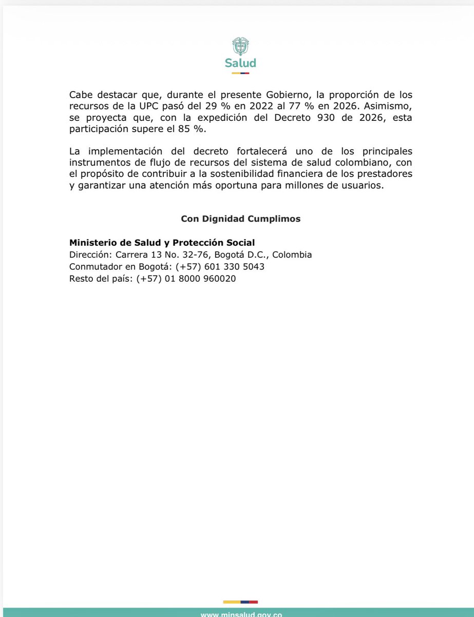 MinSaludCol's tweet photo. #Comunicado | El Gobierno Nacional expidió el decreto 930 de 2026 mediante el cual busca fortalecer el mecanismo de giro directo de los recursos del Sistema General de Seguridad Social en Salud, incrementando del 80 % al 90 % el porcentaje mínimo de los recursos que la @AdresCol girará directamente a las IPS y a los proveedores de tecnologías en salud.