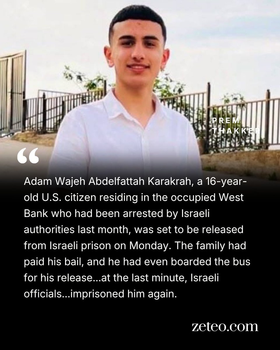 zeteo_news's tweet photo. A 16-year-old U.S. citizen residing in the occupied West Bank remains under arrest by Israeli authorities despite his bail. He is one of two Americans in Israeli detention without clear charges. https://t.co/ZUvsqsVT3Q