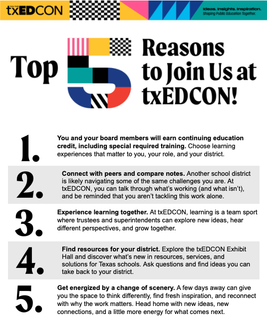tasanet's tweet photo. #txed Superintendents: Here are 5 reasons to bring your boards of trustees to #txEDCON Oct. 8-11 in Houston. Early-bird registration runs through Sept. 15. Register your board today! https://t.co/ce2WYe8sed #InspiringLeaders #tasatasb @tasb_news https://t.co/59XZan7bQV