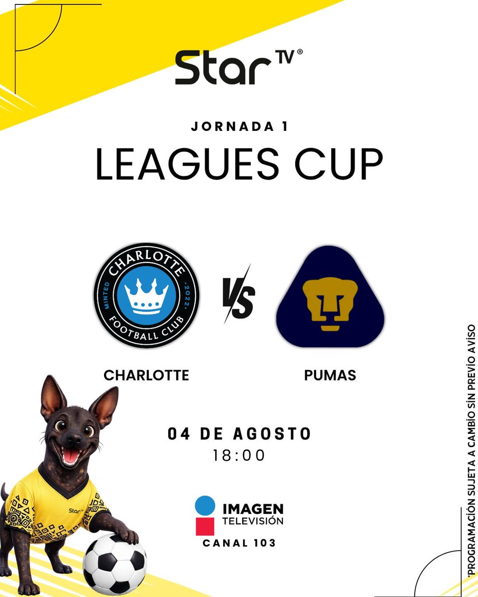 StarTVMx's tweet photo. 🐾 ¡Llegó el día del debut!
Los Pumas 🇲🇽 saltan esta noche a la cancha para medirse ante Charlotte FC en la Fase Uno de la Leagues Cup 2026. ⏰
¡A dejar el alma en la cancha por estos colores!
#Xoli #Futbol #Pumas #LeaguesCup2026 #Agendafutbolera https://t.co/hOdODJF4q4