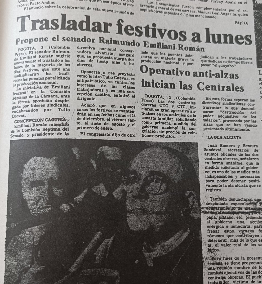 YamidLopezS's tweet photo. Ya que Abelardo está tan cercano a la casa conservadora de los Gómez, recordemos que gracias a uno de sus senadores, Raimundo Emiliani,  los festivos se pasaron para los lunes. 

Lo curioso, como dice la nota de @elcolombiano es que los sindicalistas se oponían. https://t.co/a9DcNGpSfi