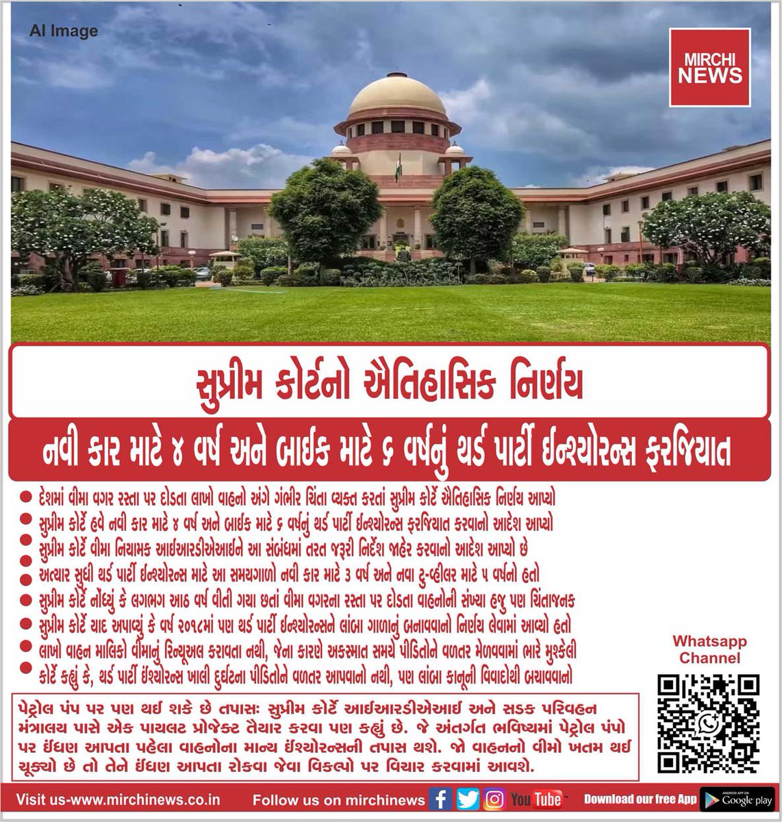 mirchinews1's tweet photo. સુપ્રીમ કોર્ટનો ઐતિહાસિક નિર્ણય
નવી કાર માટે 4 વર્ષ અને બાઈક માટે 6 વર્ષનું થર્ડ પાર્ટી ઈન્શ્યોરન્સ ફરજિયાત...
#supremecourt #thirdparty #insurance #newcars #4years #twowheelers #6years #MirchiNews https://t.co/hC6i8RUEG9