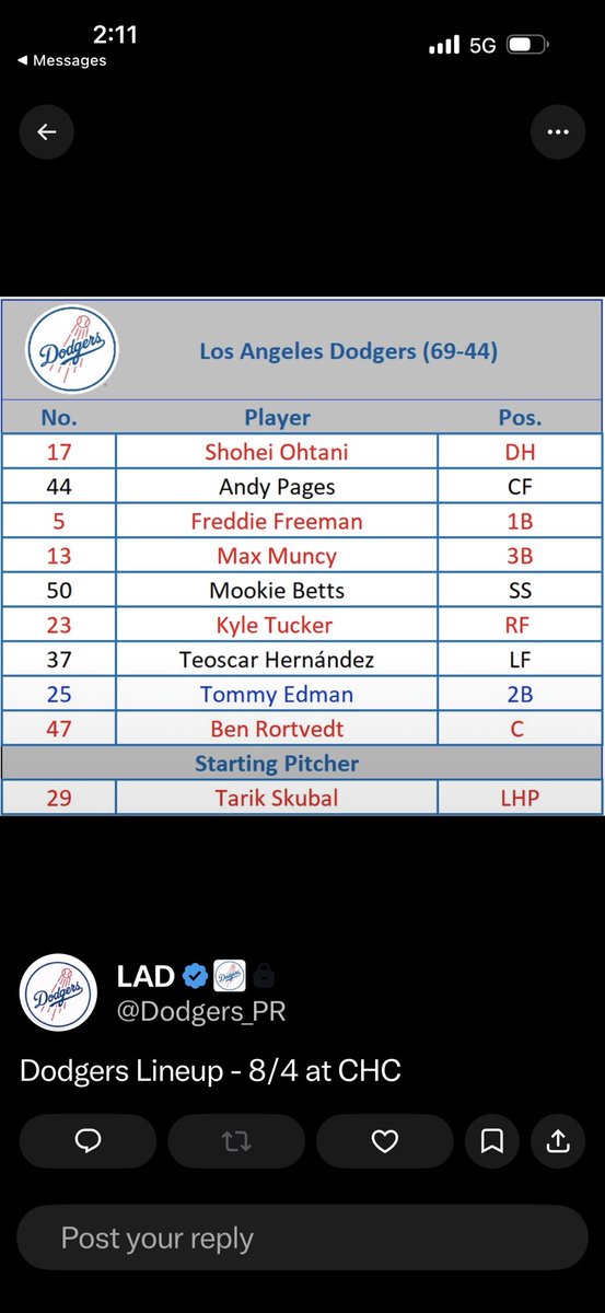 BNightengale's tweet photo. Tarik Skubal’s Dodger debut lineup https://t.co/sd0f1Ajvav