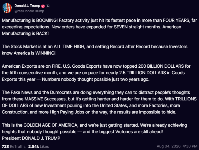 KobeissiLetter's tweet photo. BREAKING: President Trump says US manufacturing is "booming" and the stock market is at an all time high because "America is winning." https://t.co/Ik6Nn5z4OV