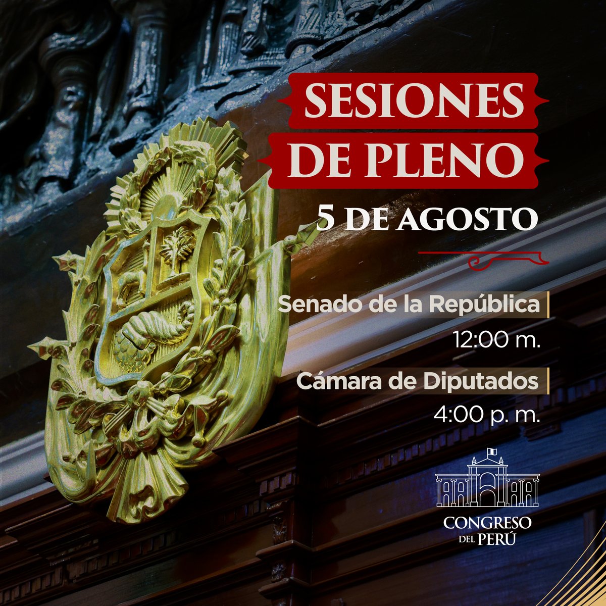 congresoperu's tweet photo. Este miércoles 5 de agosto sesionarán por separado el Pleno del Senado de la República y el Pleno de la Cámara de Diputados, con el fin de aprobar el número de integrantes de las comisiones ordinarias legislativas para el Periodo Anual de Sesiones 2026-2027. https://t.co/vJGaZz9s7z