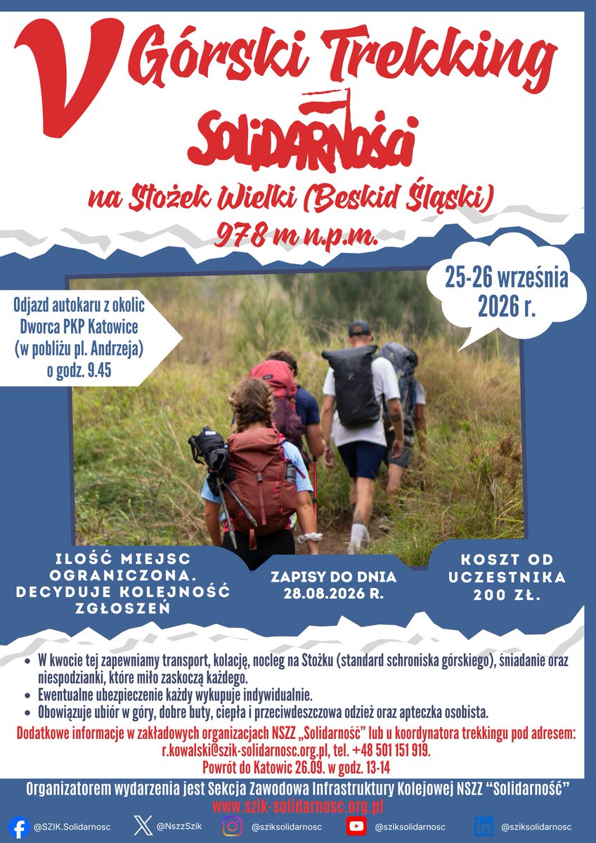 NszzSzik's tweet photo. 🥾⛰️ Ruszaj z nami na V Górski Trekking „Solidarności”! 🚆🤝
#solidarność #związekzawodowy #kolej #kolejarze #sziksolidarnosc #infrastrukturakolejowa #nauczmyszacunku #zawszenasłużbie #RazemSilniejsi #RazemDlaPolskiiPolaków https://t.co/0UQXMzT0ed