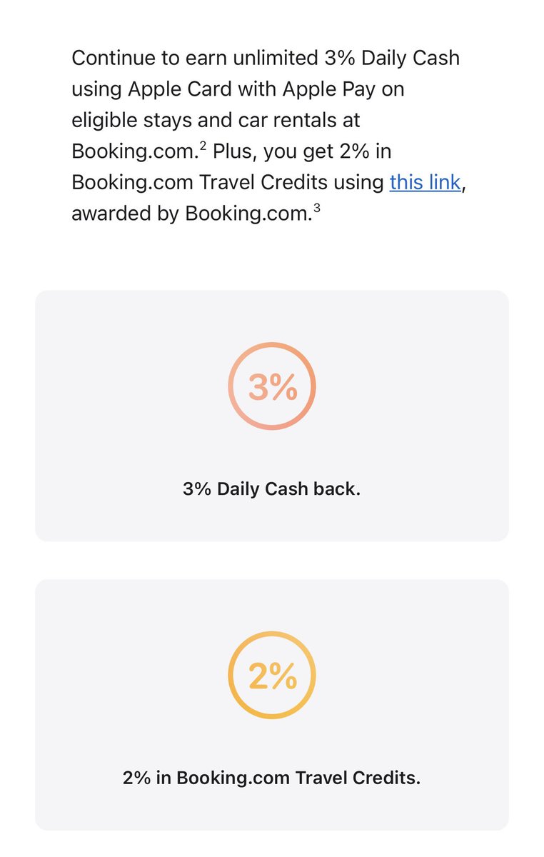 LChenlz's tweet photo. Great travel benefit added to Apple Card today! Now, with Booking and Apple Card, you can get combined 5% cash back and 10-15% discounts on stays and car rentals. https://t.co/g9DPcYYB2w