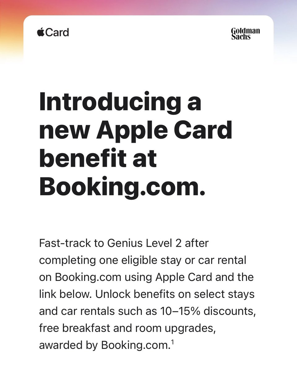 LChenlz's tweet photo. Great travel benefit added to Apple Card today! Now, with Booking and Apple Card, you can get combined 5% cash back and 10-15% discounts on stays and car rentals. https://t.co/g9DPcYYB2w