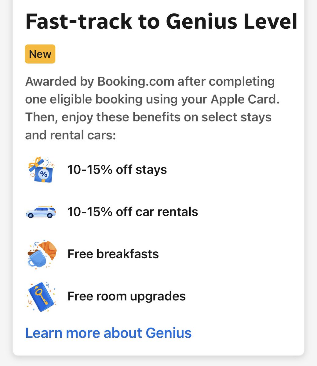 LChenlz's tweet photo. Great travel benefit added to Apple Card today! Now, with Booking and Apple Card, you can get combined 5% cash back and 10-15% discounts on stays and car rentals. https://t.co/g9DPcYYB2w