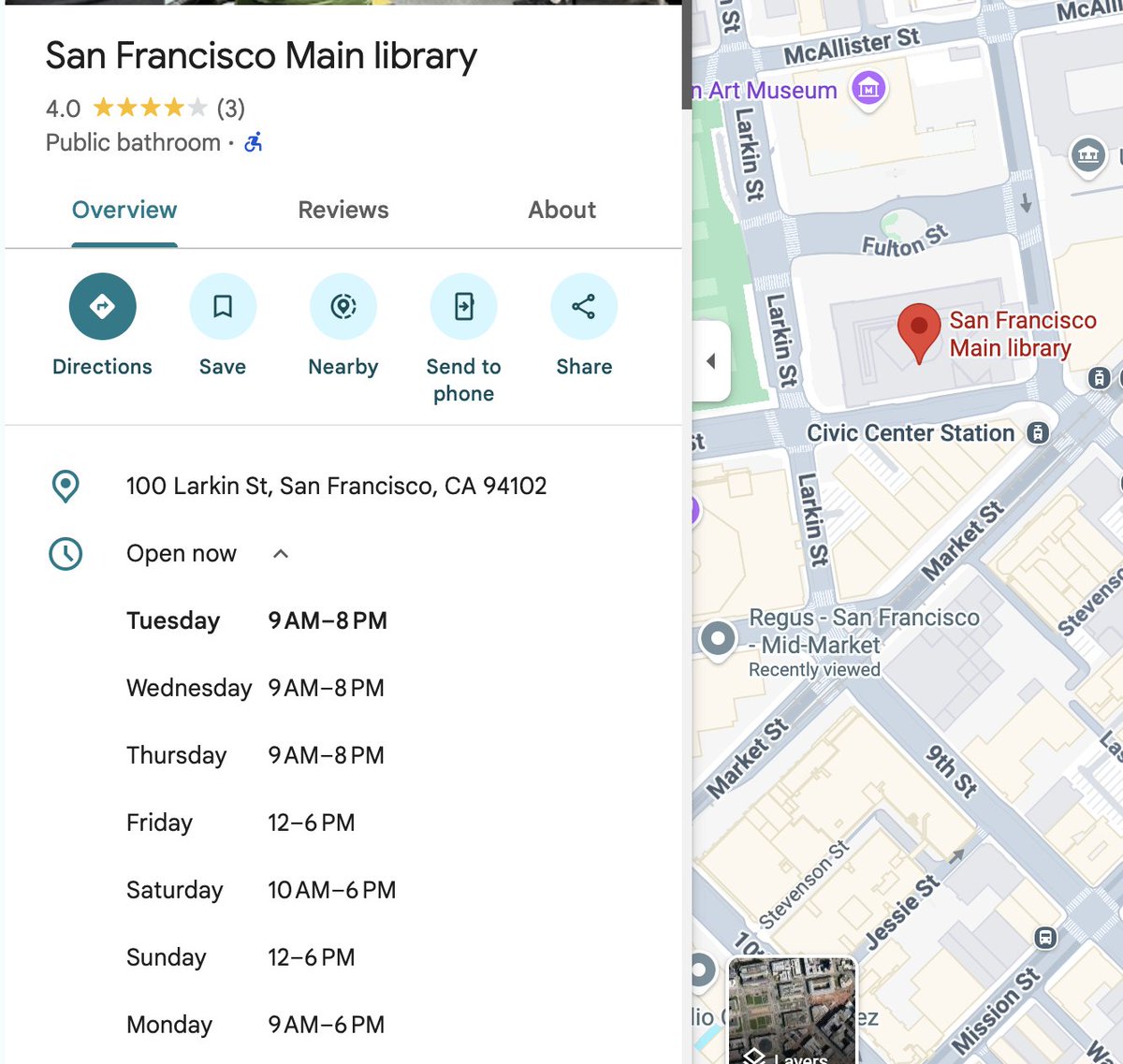 lumpy__lump's tweet photo. me: what are some POPOS or coffee shops or other places to work from 5-7pm on a tuesday near the orpheum theater in sf?

claude: explains that the POPOS are closed and gives 4 meh options while totally forgetting about the library main branch (open til 8pm)