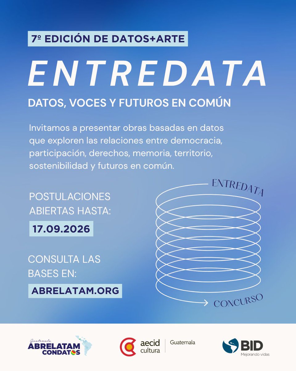 EscuelaDeDatos's tweet photo. #LATAM |

👩🏽‍🎨📊❤️‍🔥 ¡Toma tu #datalove y conviértelo en arte!

🌎📈 ¡@ABRELATAM + @ConDatosLATAM abren la 7.ª edición de Datos+Arte: Entredata!

🔢🎨 ¡Explora nuevas formas de contar realidades colectivas y postula tu obra!

🗓️ Fecha límite: 17/09/26 ➡️ https://t.co/4ELDpFIwjH https://t.co/KJQayeStct
