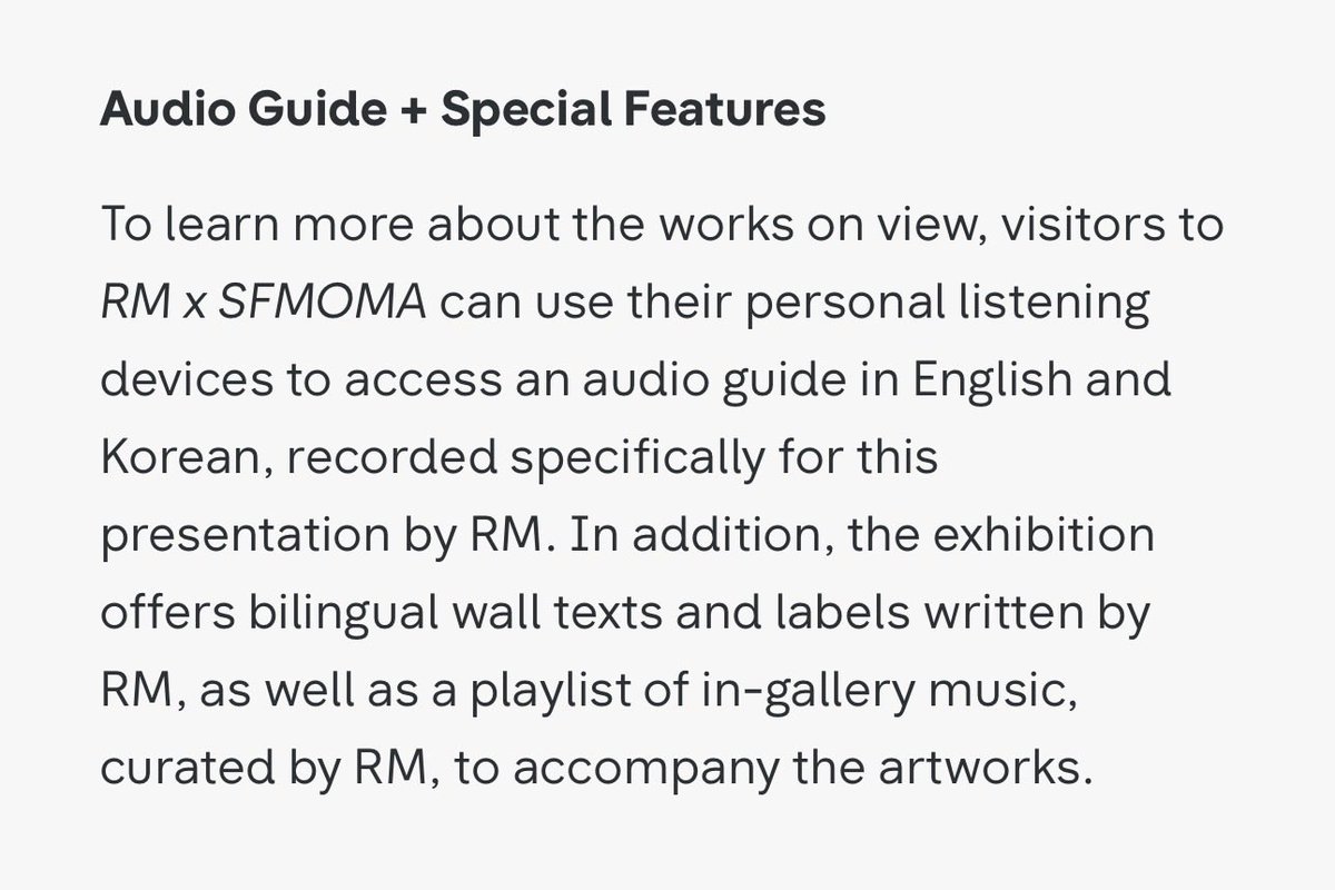 btsmoon_elle's tweet photo. i normally skip audio guides, but THEE KIM NAMJOON apparently recorded the audio guide in both korean and english for this exhibit. 😭💜

he also wrote the wall texts and labels, and even curated a playlist.

i seriously cannot wait for #RMXSFMOMA. 🖼️✨

#BTS #RM @BTS_twt https://t.co/oQ4NYZzQiw
