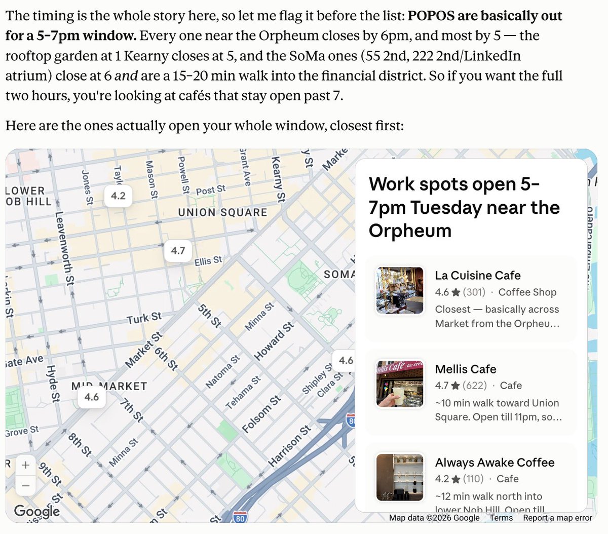 lumpy__lump's tweet photo. me: what are some POPOS or coffee shops or other places to work from 5-7pm on a tuesday near the orpheum theater in sf?

claude: explains that the POPOS are closed and gives 4 meh options while totally forgetting about the library main branch (open til 8pm)