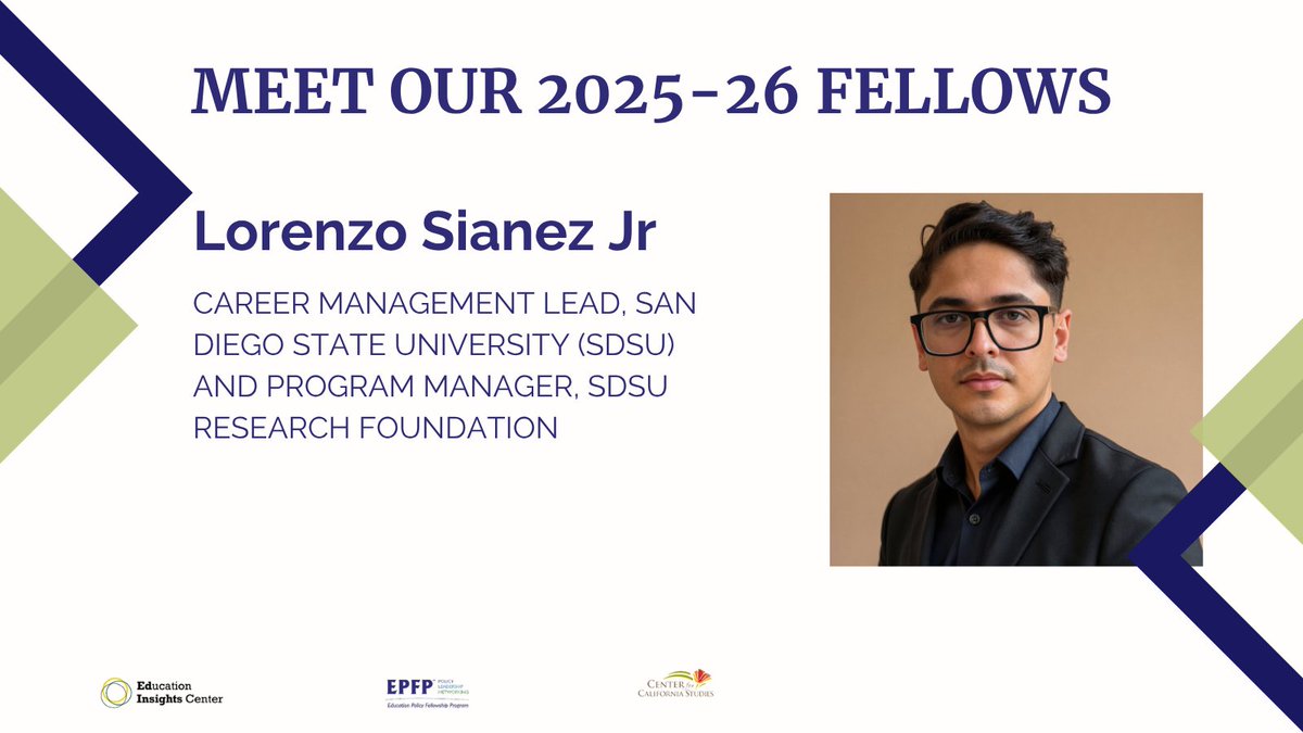 CA_EPLF's tweet photo. Meet the Fellows: Lorenzo Sianez Jr. (He/Him/Él), Career Management Lead at SDSU and Program Manager with the SDSU Research Foundation. He connects higher ed with regional industry needs and expands access to public service and healthcare careers.

Say hi! https://t.co/xEBOMBmR8h