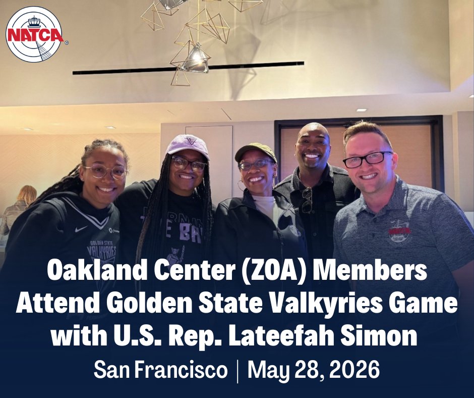 NATCA's tweet photo. On May 28, Oakland Center (ZOA) FacRep Erik Mandt, and local members Johnny Robinson and Precious Kollock joined @RepLSimon and her staff at the Chase Center for a Golden State @valkyries game. https://t.co/TS5ocHJSBp https://t.co/eTIwIwMtdx