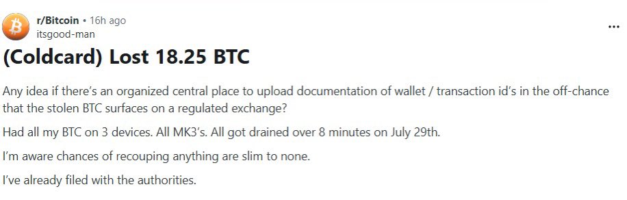 TedzPillows_'s tweet photo. Someone lost 18.25 $BTC worth $1,140,000 after Coldcard wallet vulnerability.

Entire savings gone in a few minutes.

Really Sad. https://t.co/M24TxIiCiE