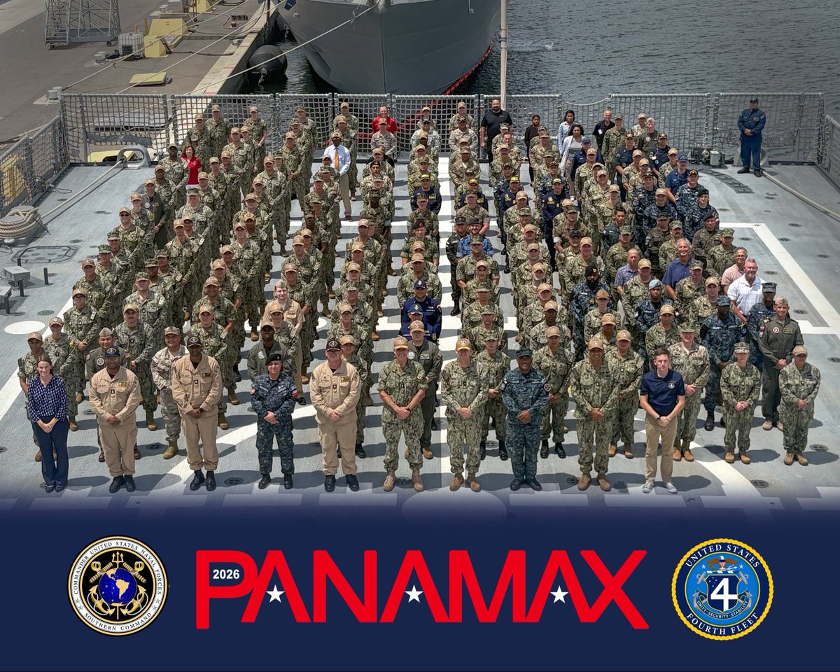 NAVSOUS4THFLT's tweet photo. PANAMAX 2026 is officially underway! ⚓️

More than 150 Sailors, Marines, and public security forces from 19 separate nations will serve on the CFMCC staff under the leadership of #USNavy Rear Admiral Carlos Sardiello, Commander #USNAVSOUTH. 

#panamax2026 provides intensive interoperability training for participating multinational staff and builds partner nation capacity to plan and execute complex operations.

Full Story: https://t.co/0S2XiMJDOo