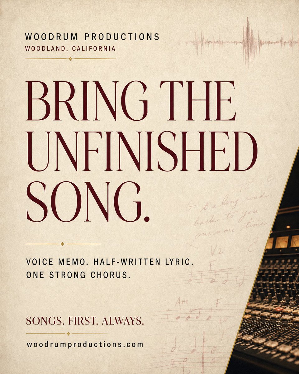 MichaelWoodrum's tweet photo. Your song doesn’t have to arrive finished.

A voice memo, a half-written lyric, or one strong chorus can be enough to begin. The work is finding the emotional center—and building the record around it.

Woodland • Sacramento • Remote
https://t.co/YfLo85Krto

Songs. First. Always.