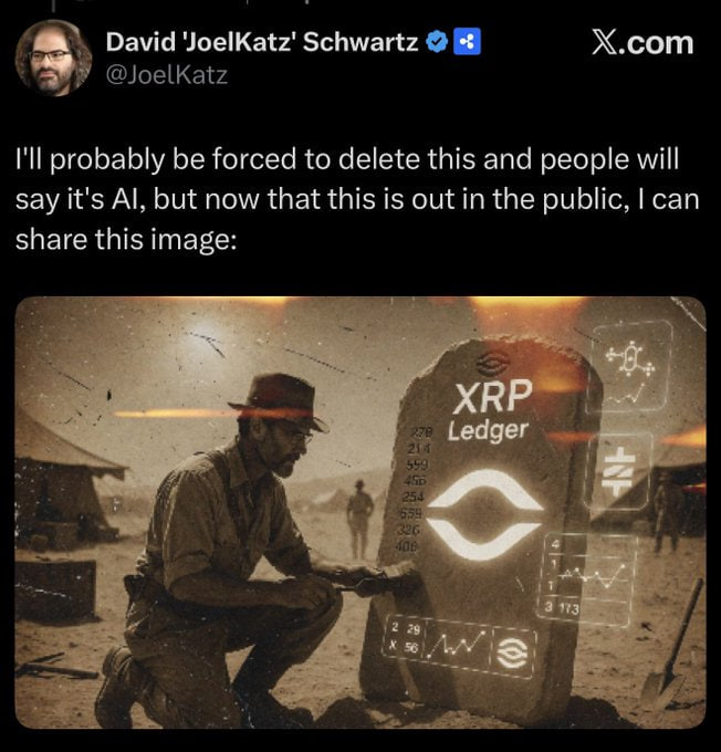 Amanda_loveeee's tweet photo. Do you remember this?👀

Former Ripple CTO David Schwartz posted the following on Twitter: "I might be forced to delete this message people will say it's AI-generated."

The numbers on the $XRP ledger are: 279, 214, 559, 456, 254, 559, 326, 406.

Was he hinting at these $XRP price points?🚀