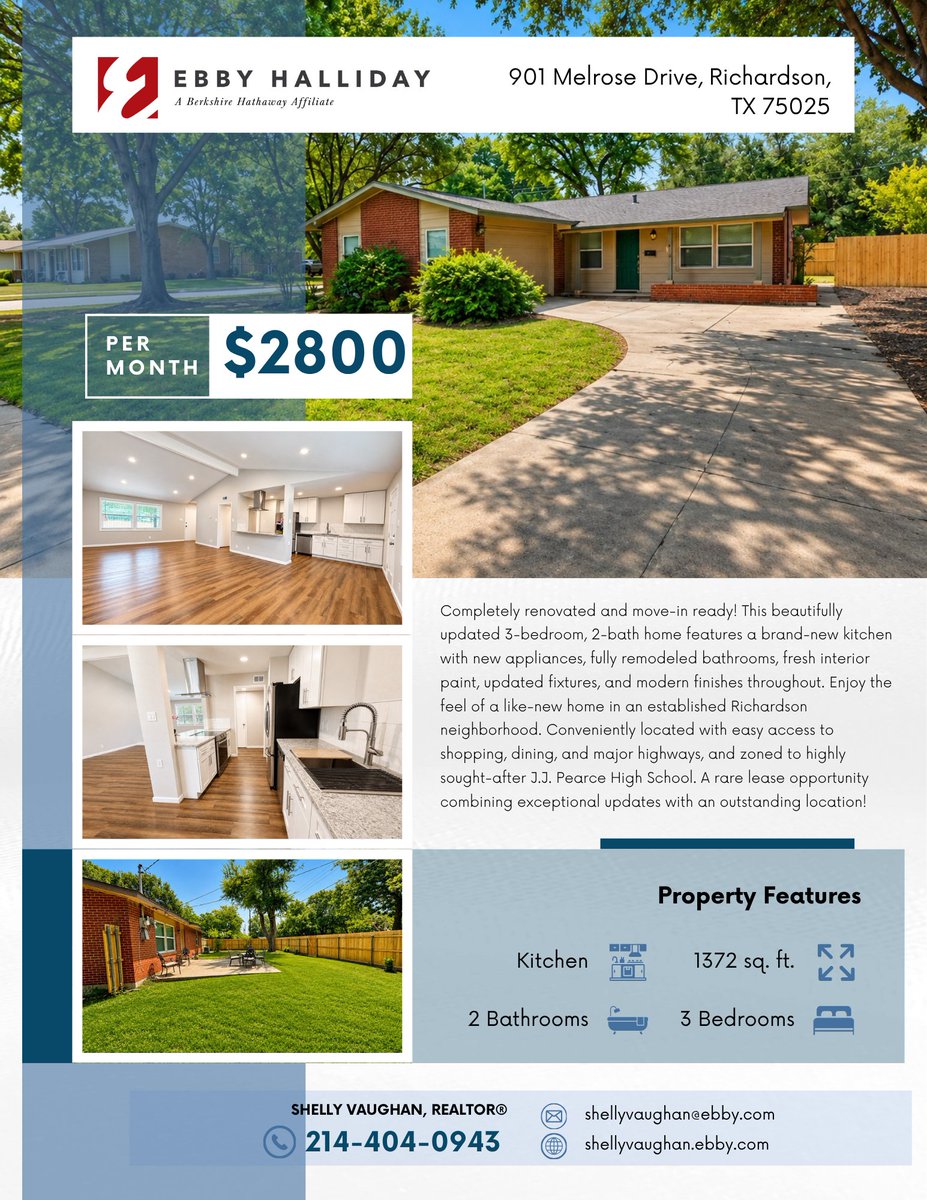 soldonshellydfw's tweet photo. 901 Melrose Drive, Richardson, TX 75080 
Beautifully renovated and move-in ready, this stunning 3-bedroom, 2-bath home offers the perfect blend of modern updates and an established Richardson location. Every detail has been thoughtfully refreshed, including a completely remodeled kitchen and bathrooms, brand-new appliances, updated fixtures, fresh interior paint, and stylish finishes throughout.
The bright, inviting floor plan provides comfortable living spaces ideal for both everyday living and entertaining. The beautifully updated kitchen features contemporary cabinetry, sleek countertops, and brand-new stainless steel appliances, while the renovated bathrooms offer a clean, modern design.
Located in the highly desirable Richardson ISD and zoned to J.J. Pearce High School, this home provides exceptional convenience with easy access to major highways, shopping, dining, parks, and local employers.
Don't miss this opportunity to lease a like-new home in one of Richardson's most sought-after neighborhoods. Schedule your private showing today!  $2800
#901MelroseDrive #RichardsonTX #RichardsonLease #ForLease #JustListed #MoveInReady #CompletelyRenovated #UpdatedKitchen #RemodeledBathrooms #NewAppliances #FreshPaint #ModernLiving #RichardsonISD #PearceHighSchool #JJPearce #DFWRealEstate #TexasHomes #LeaseOpportunity #HomeSweetHome #NowLeasing