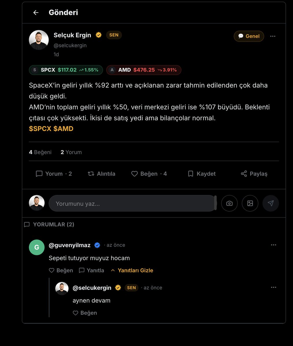 Selcoin's tweet photo. SpaceX’in geliri yıllık %92 arttı ve açıklanan zarar tahmin edilenden çok daha düşük geldi. 
AMD’nin toplam geliri yıllık %50, veri merkezi geliri ise %107 büyüdü. Beklenti çıtası çok yüksekti. 

İkisi de satış yedi ama bilançolar normal. Gece piyasası tahtasını buradan takip edebilirsiniz ya da mobil app'den.
https://t.co/DT8TEIFl24