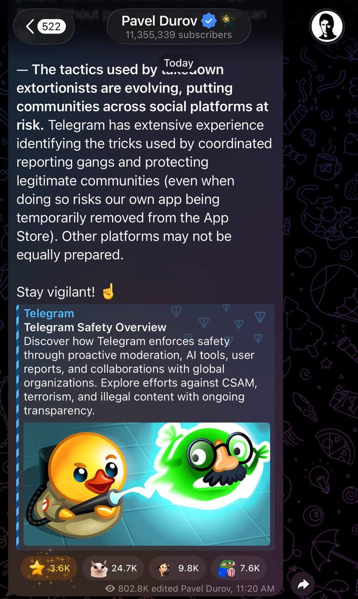 JakeGagain's tweet photo. JUST IN: Pavel @Durov posts $UTYA the yellow duck while updating his community on the reasons that @Telegram was banned in the app store last night 

Pavel has 11.3M+ followers in his TG channel 

Do you understand it yet?

@TonUtyaCoin is about to SHOCK THE WORLD! https://t.co/Rs7jecr72i