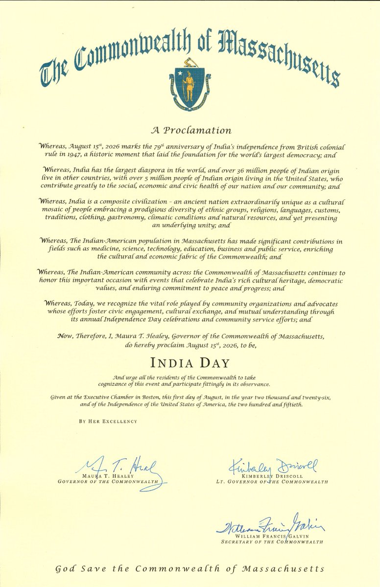 IndiainBoston's tweet photo. A proud moment for Massachusetts and the Indian-American community! 🇺🇸🇮🇳

Our heartfelt thanks to the @MassGovernor for:

➡️Proclaiming August 15, 2026, as India Day in Massachusetts.
➡️Recognizing the invaluable contributions of the Indian diaspora and its vital role in fostering civic engagement and cultural exchange.
➡️Honoring the remarkable achievements of Indian Americans across business, healthcare, education, science, technology, public service, and many other fields.

This proclamation celebrates the enduring friendship between 🇮🇳 and 🇺🇸 and the extraordinary impact of the Indian-American community.

#IndiaDay #Massachusetts #IndiaUS 

@PMOIndia  @MEAIndia  @IndianEmbassyUS  @IndianDiplomacy  @PIB_India @DrSJaishankar  @MassGov